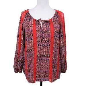 Hot in Hollywood Blouse Plus 1X Orange Blue Lace Boho Keyhole Tie Neck Flowy